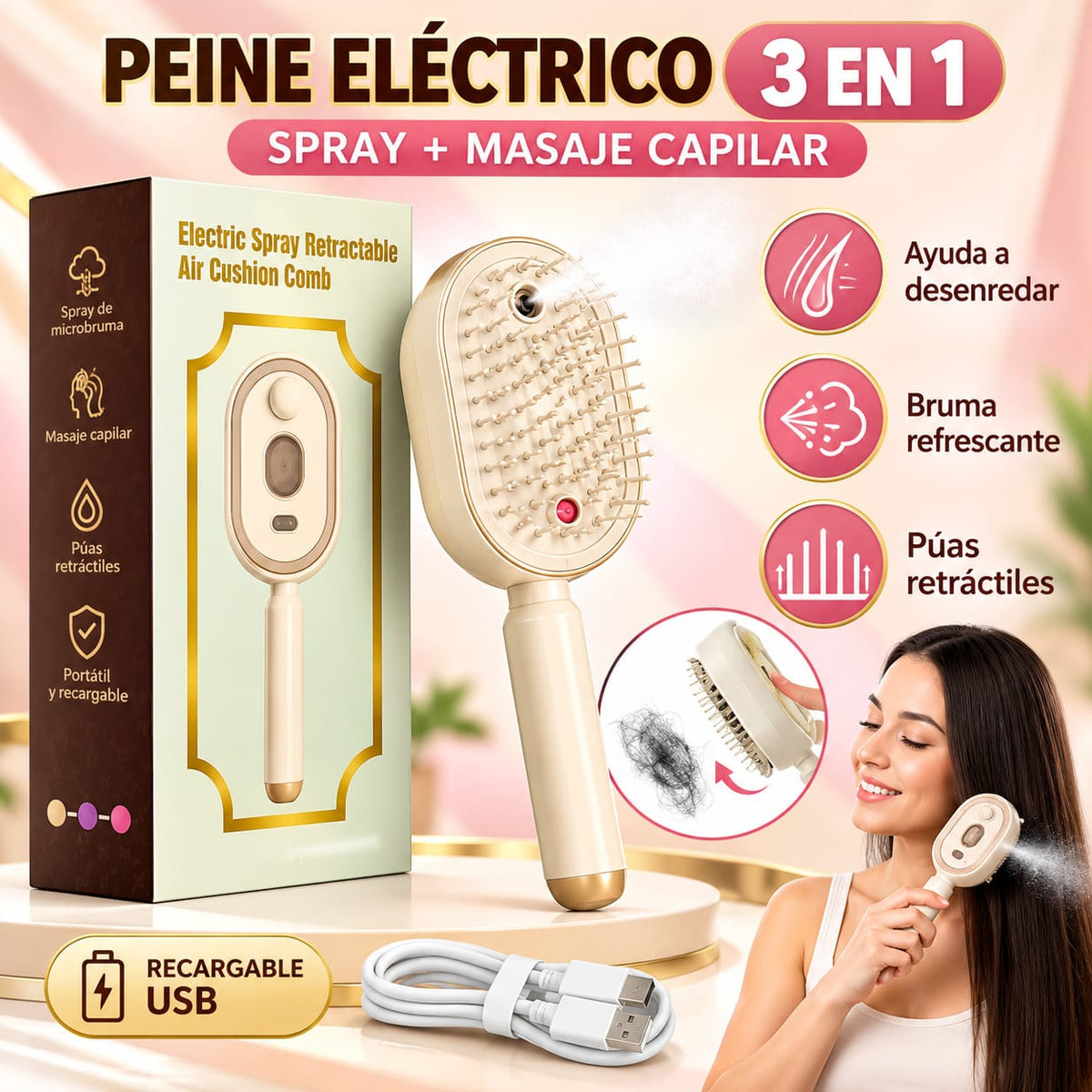 PEINE ELÉCTRICO CON SPRAY, COJÍN DE AIRE Y MASAJE CAPILAR ¡Desenreda, refresca y cuida tu cabello con un solo cepillo! 💖