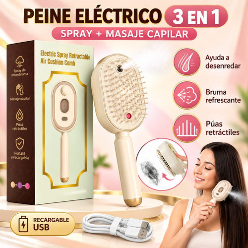 PEINE ELÉCTRICO CON SPRAY, COJÍN DE AIRE Y MASAJE CAPILAR ¡Desenreda, refresca y cuida tu cabello con un solo cepillo! 💖